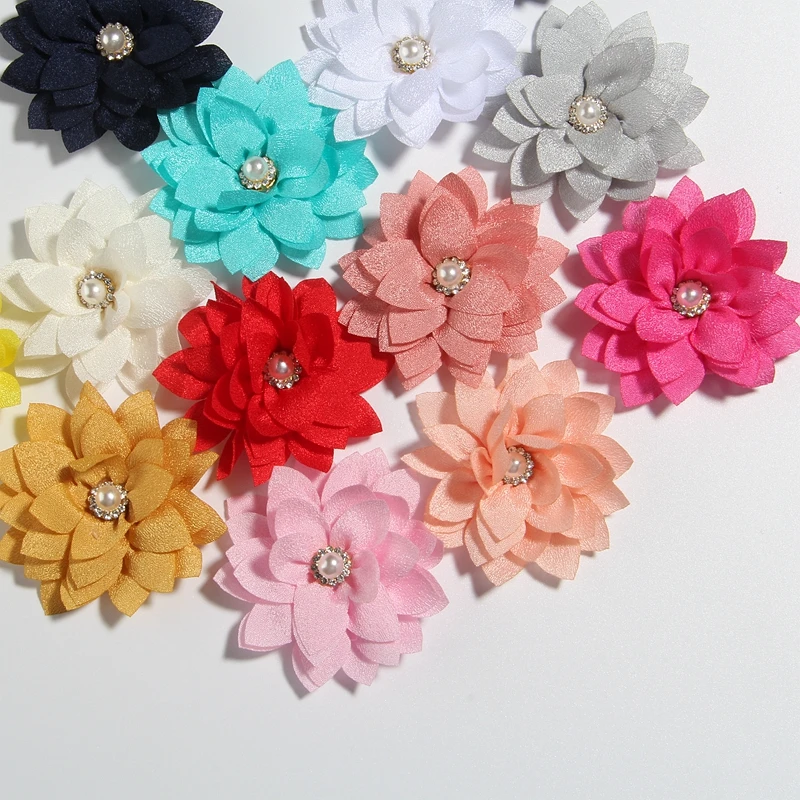 

200PCS 5.5CM 2.1" Small New Lotus Fabric Flowers With Pearl Center Handmade Bloom Flower For Headband Wedding Bouquet Accessory