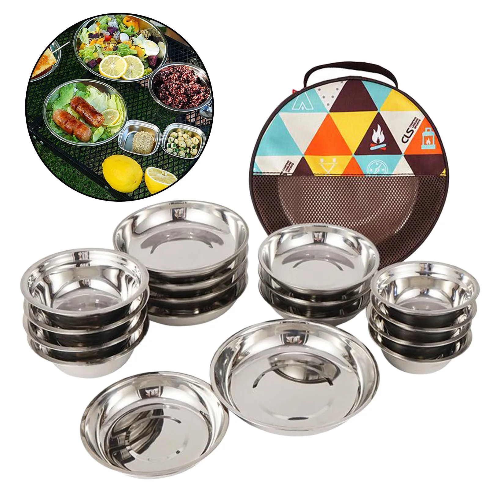 1 Set of 17Pcs Camping Mess Kit Outdoor Tableware Stainless Steel Plate Bowl with Storage Bag for Hiking Travel Picnic