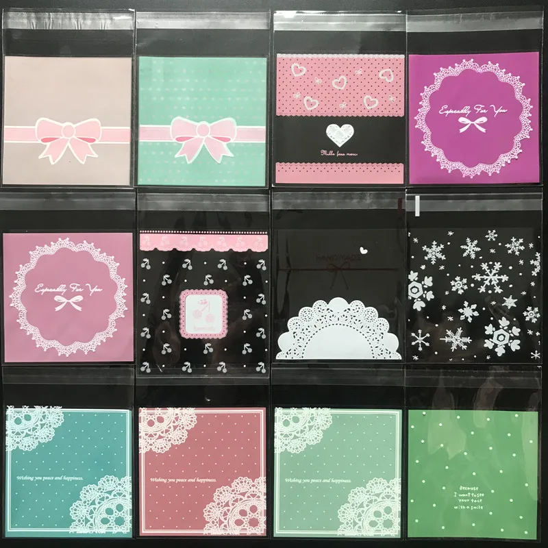 100pcs/lot 10*10cm Bow lace Candy Cookie Biscuits Packaging Bags Self Adhesive Plastic Bags Wedding Birthday Gift Bag