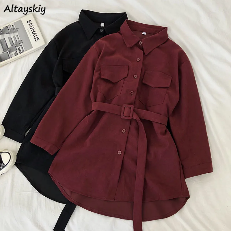 Corduroy Long Sleeve Dress Women Solid Buttons Pockets Turn-down Collar Simple Elegant Sashes All-match Womens Vintage Harajuku