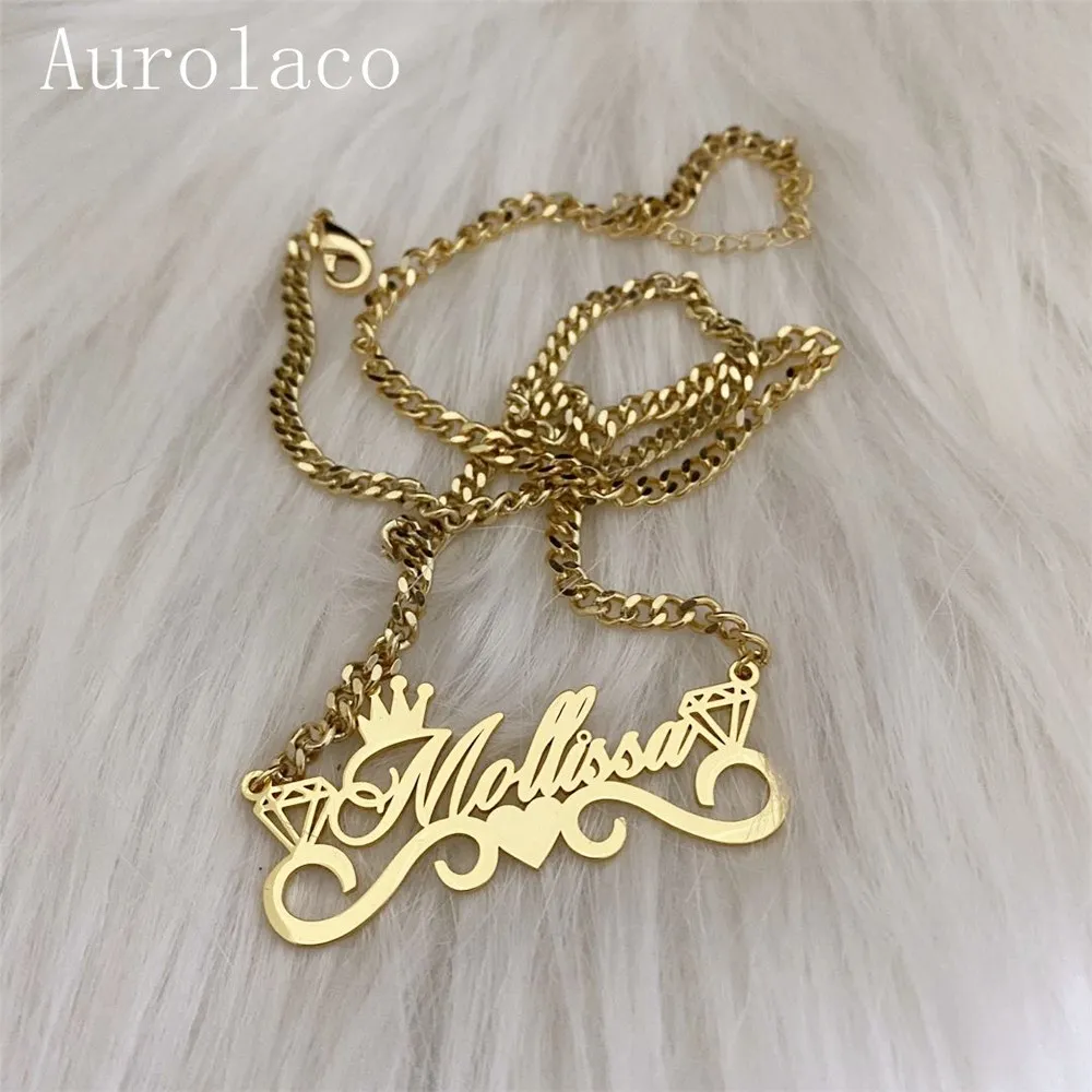 AurolaCo Custom Name Necklace with Crown Personalized Cuban Chain Necklace Stainless Steel Nameplate Necklace for Women Gift