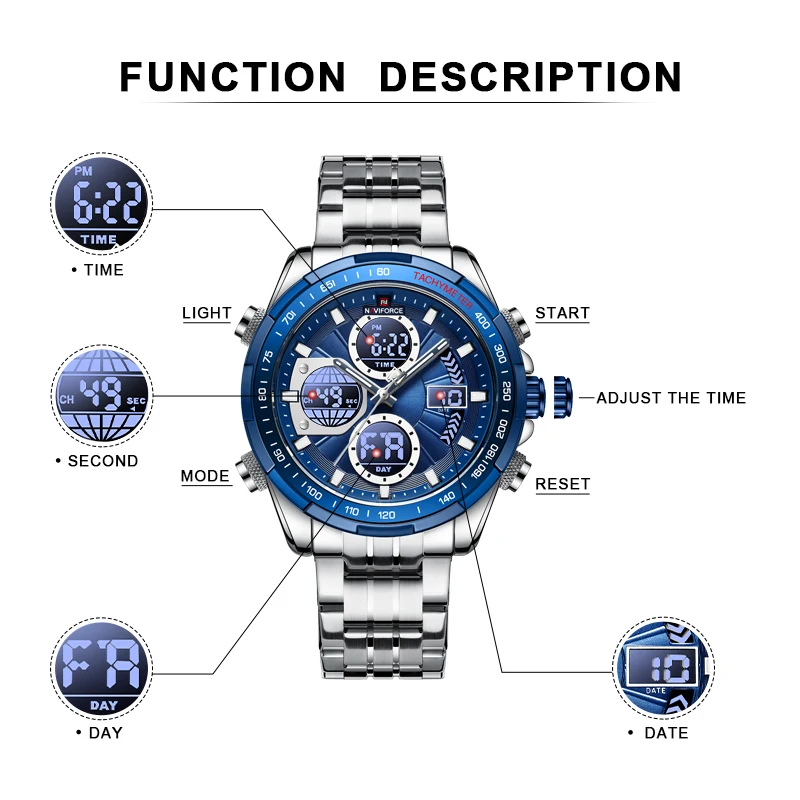 NAVIFORCE Top Brand Watches Mens Fashion Business Multifunction Waterproof Big Dial Day and Date Display Watch Relogio Masculino