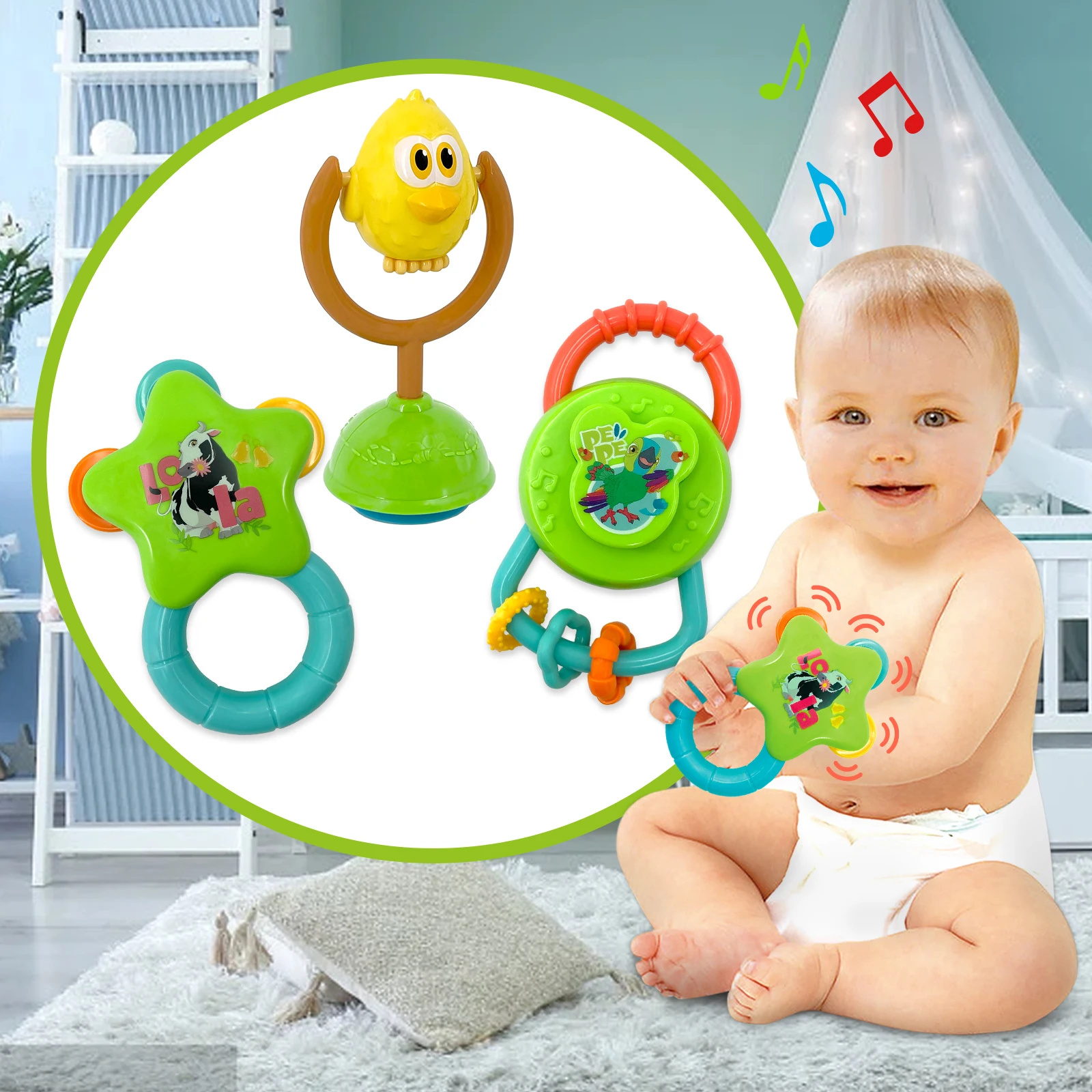 La Granja De Zenon Baby Rattle Toys Set, Infant Silicone Chew Toy Musical Teether Shaker Grab and Spin Rattles, Early Educationa