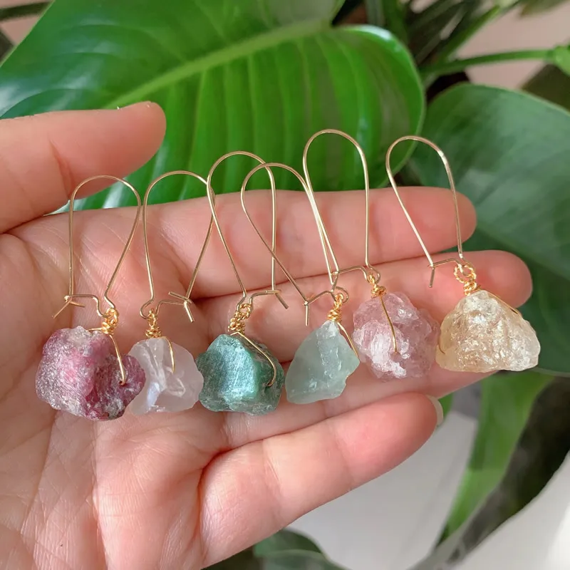 Raw Mineral Stone Rock Crystal Earrings Natural Amethysts Lapis Fluorite Citrines Amazonite Pink Quartz Dangle Earrings Healing