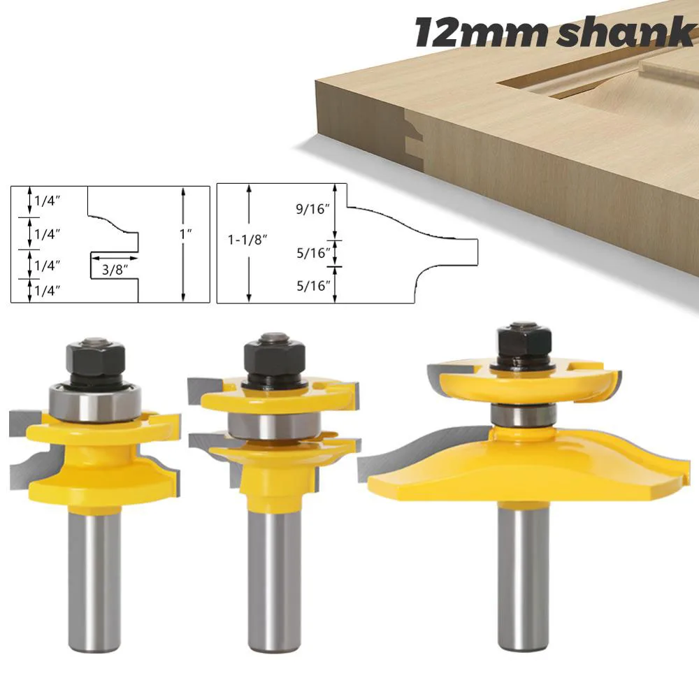 3PC/Set 12MM Shank Milling Cutter Wood Carving Rail & Stile Ogee Blade Cutter Panel Raised Cabinet Router Bit Set Door Tenon