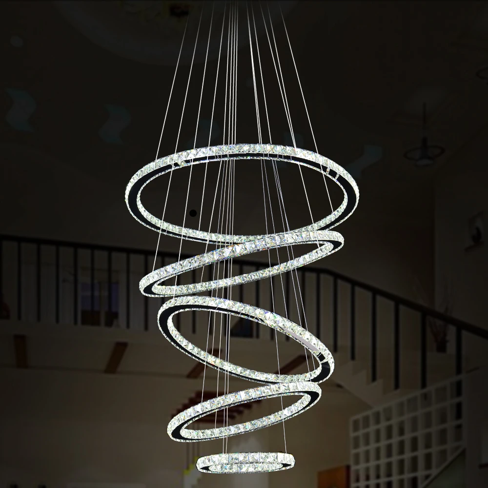 Meerosee Modern Chrome LED Pendant Lamp High Quality K9 Crystal Rings DIY Chandelier Light Adjustable 5 Circle For Living Room