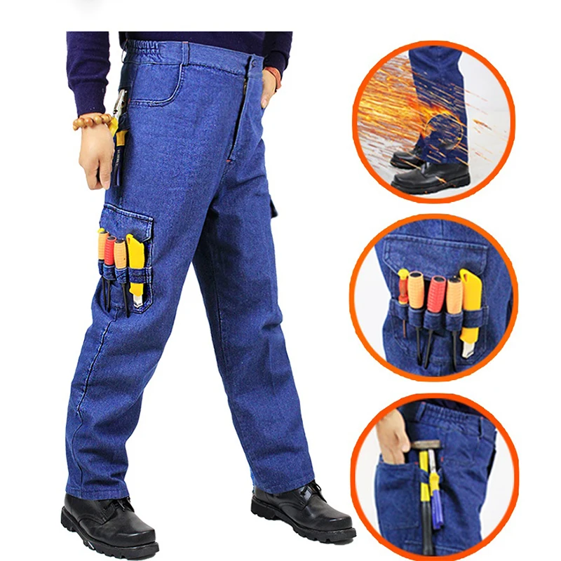 Work Clothing Jeans Trousers Cargo Thick Pants Flame Retardant Anti-scalding Welding Suit Repair Multi Pocket Durable Trousers