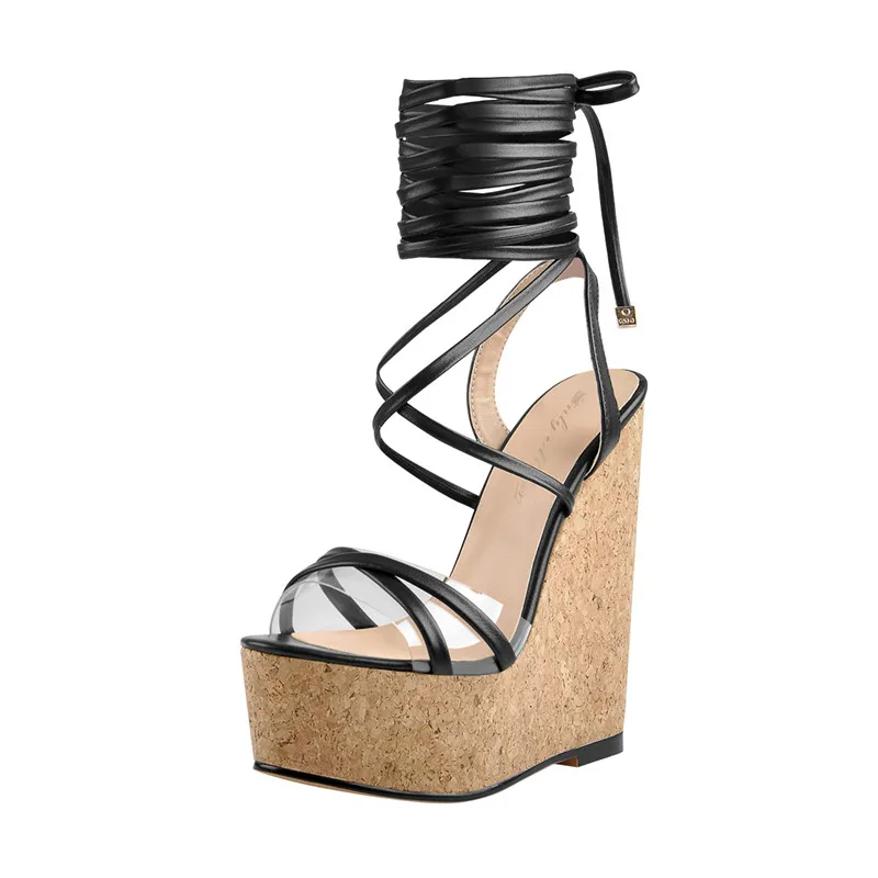 Onlymaker Women\'s Peep Toe Sandals Lace Up Wedge Platform Summer Party Dress Fashion Big Size Sandals