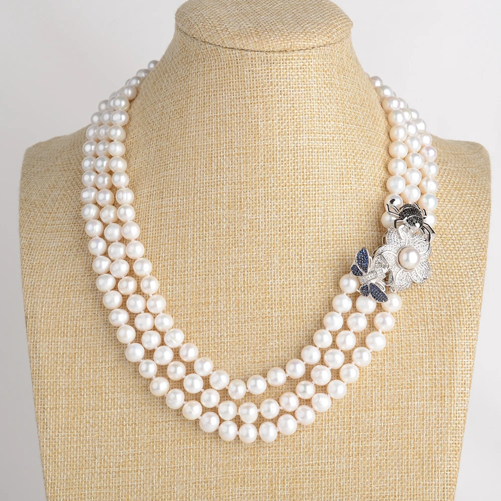 3 Strands 8-9MM Round White Pearl CZ Connector Necklace