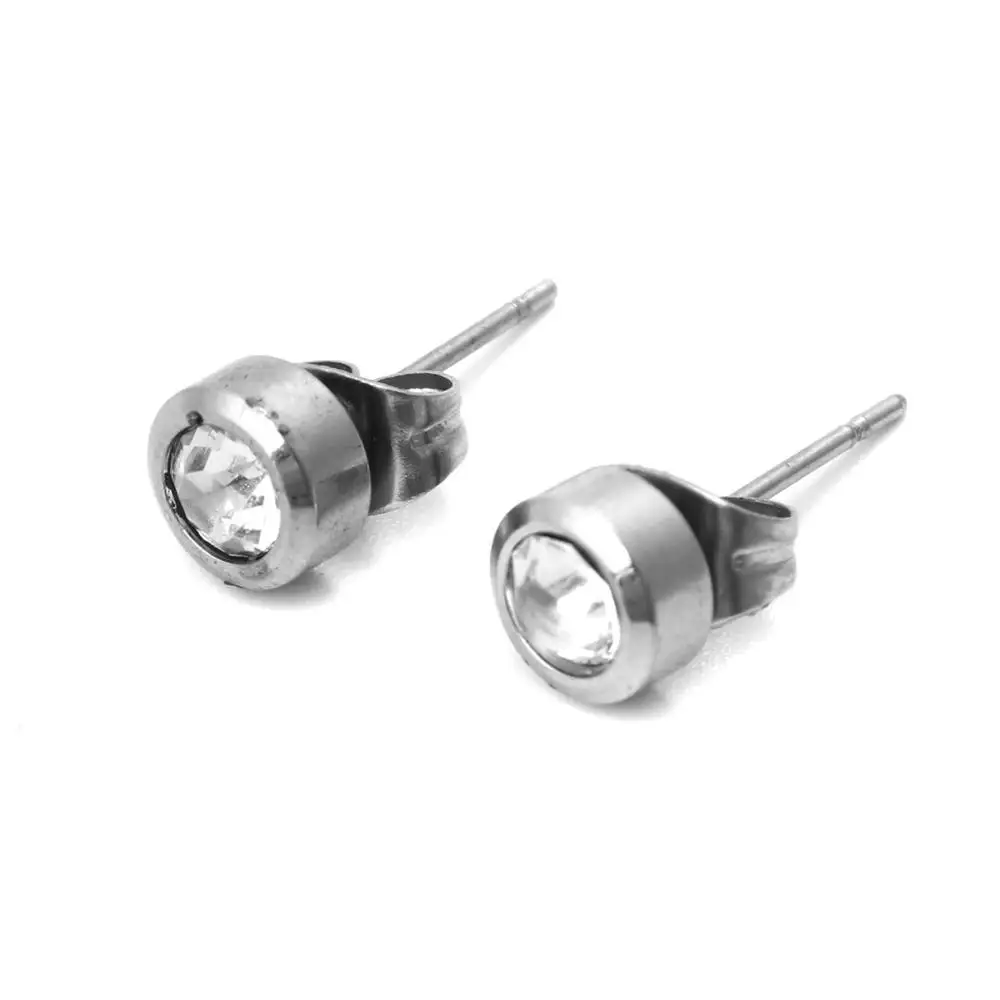 DoreenBeads 304 Stainless Steel Ear Post Stud Earrings Concise Jewelry For Men Women Silver Color Round Clear Cubic Zirconia