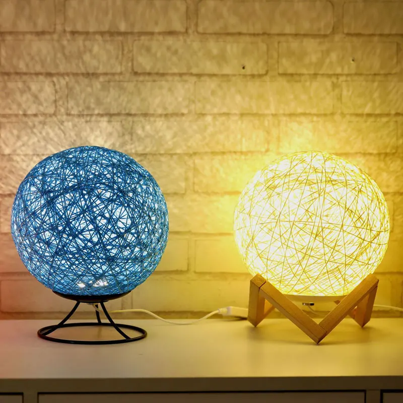 

Wicker Hemp Rattan Ball Table Lamps for Bedroom Bedside Led Moon Night Lamp Modern Wood Stand Light Fixtures Desk Home Art Decor