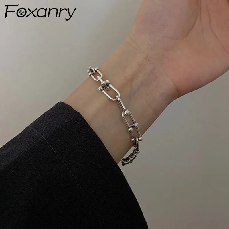 Foxanry Stamp Thick Chain Bracelet New Trendy Hip Hop Vintage Couples Party Jewelry Gifts U Type Punk Accessories