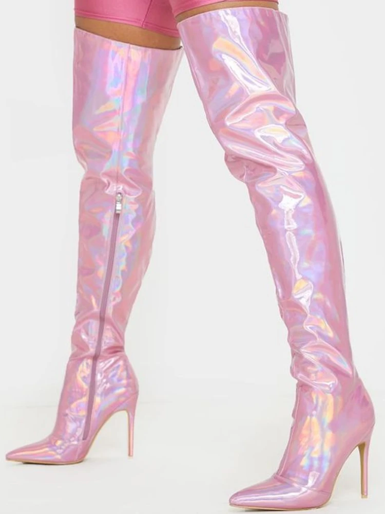 Pink Laser Shiny Thigh High Boots Over The Knee Sexy Pointed Toe Winter Stylish Boots Top Quality Customized Runway Shoes