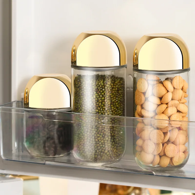 Gold-plated Transparent Glass Jar with Lid Sealed Food Storage Container Candy Box Food Jar Coffee Bean Tea Can Kitchen Decor