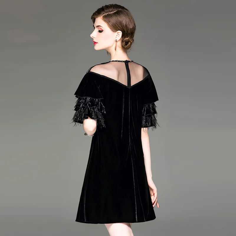 

Autumn new women beaded mesh round neck velvet dress ostrich feather lotus leaf sleeve dresses