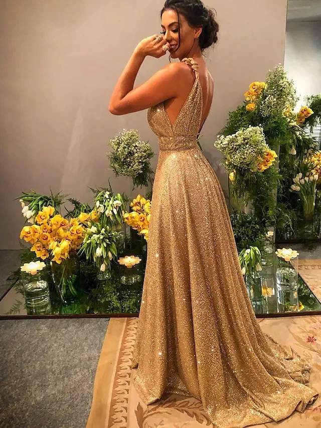 Gaun Formal Malam Payet Mewah Gaun Pesta Prom Emas Tali Spaghetti V-neck Gaun Pesta Seksi Vestidos Fiesta Robe De Soiree