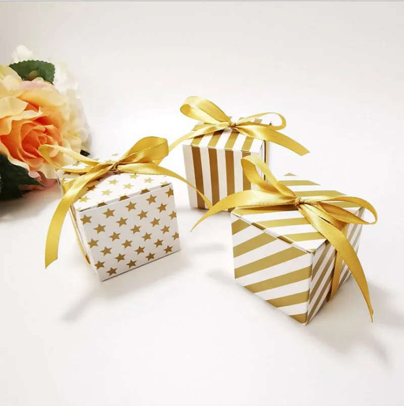 New Arrival Gold Silver Star Striped Gift Boxes Candy Cracker Cookies Box for Packaging Wedding Event Party Supplies 20/50pcs