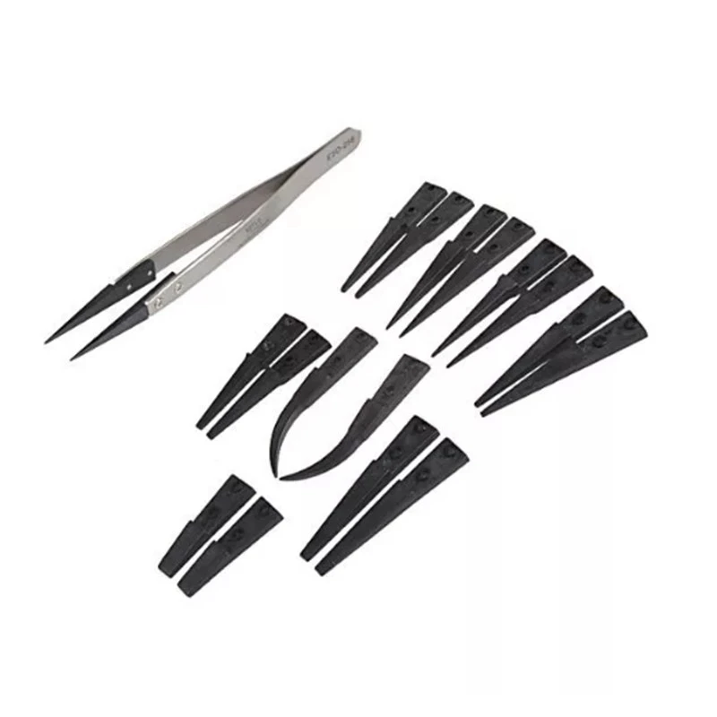 ESD 259 High Quality Handle Stainless Tweezers With 8Pcs Exchengeable Antistatic Plastic Tips Suit For Different Work