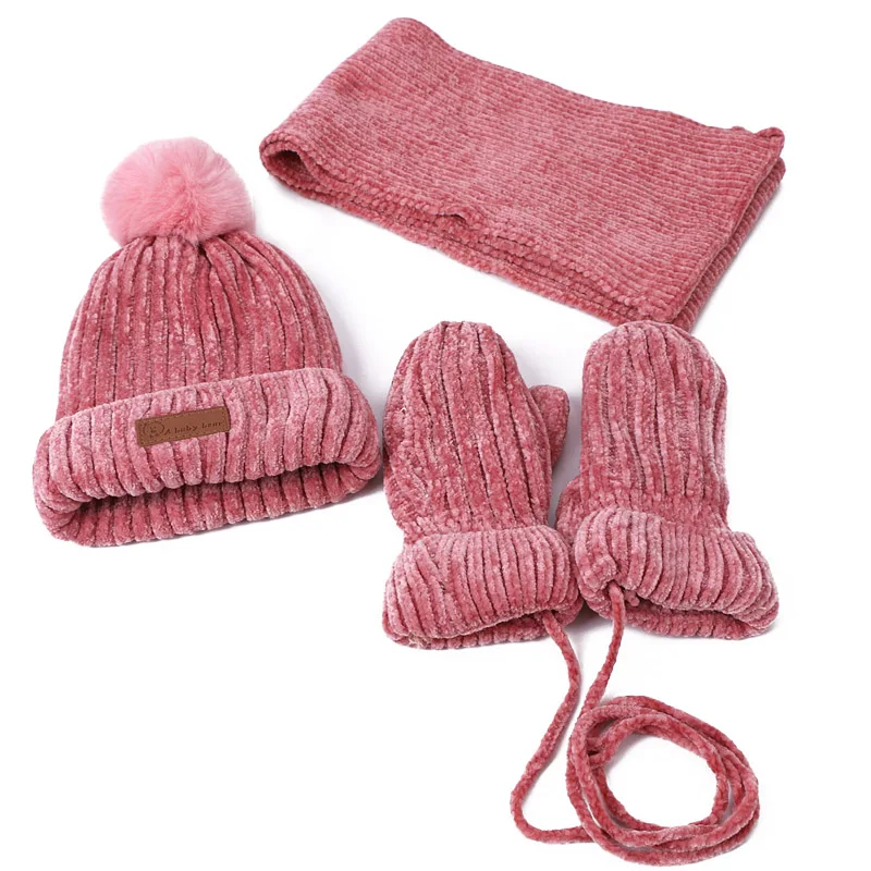 Kids Winter Pompom Beanie Hoeden Sjaal Handschoenen Set Gebreide Warme Dikke Corchet Chenille Beanie en Sjaal Wanten Voor Jongens en meisjes