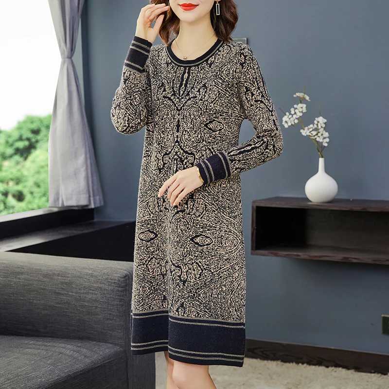 2024 Casual Knitting Jacquard O-Neck Sweater Midi Dress Autumn Winter Vintage Long Sleeve Dresses Women Elegant Bodycon Vestidos