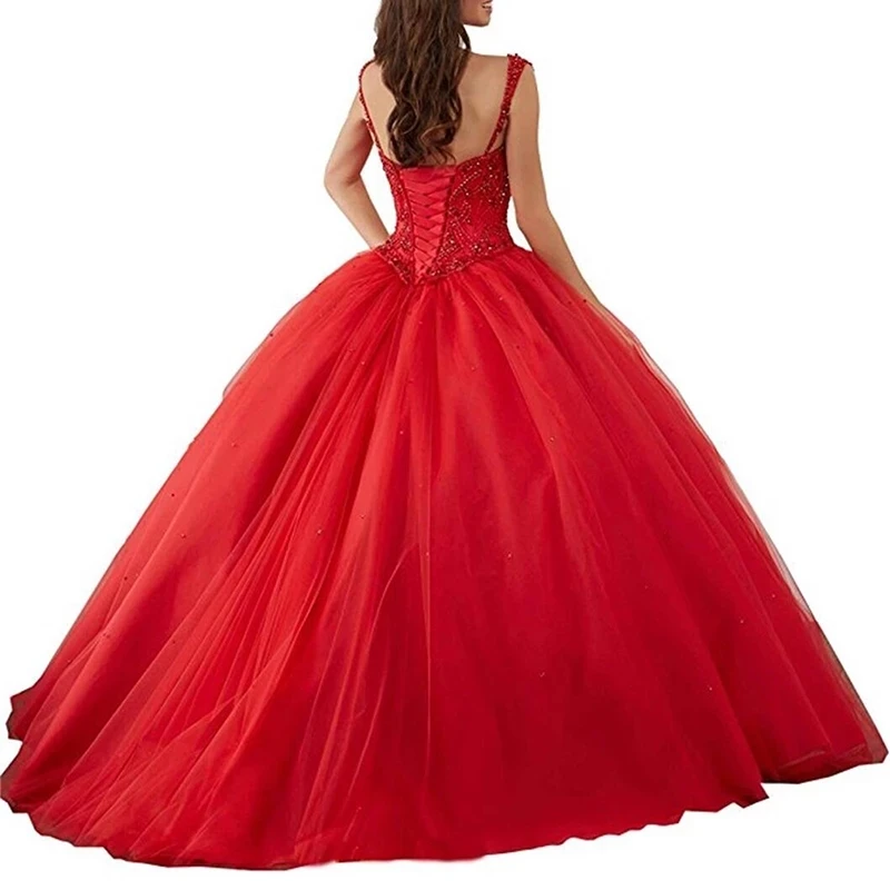 Vestido de baile de tul rojo, traje largo de encaje con lentejuelas para quinceañera, 2023