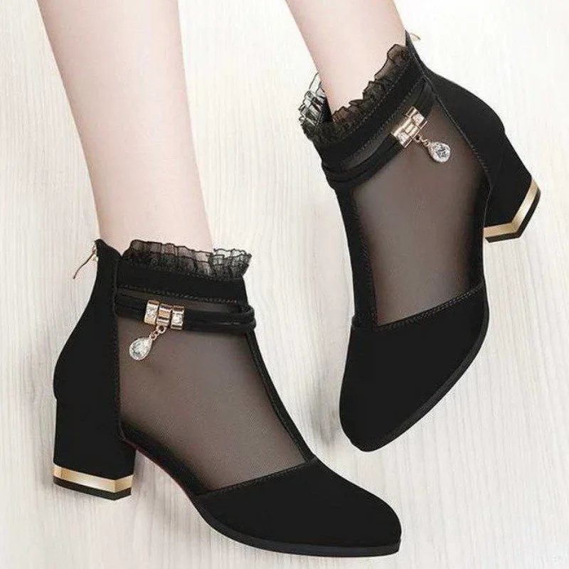 Women Sandals Boots,High Heeled Short Botas,Summer Mesh Shoes,Female Fashion Pointed Toe,Black,Big Size 35-41,Dropship