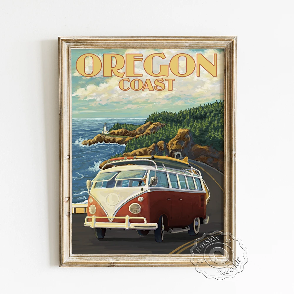 

Oregon Coast Travel City Advertising Poster, Camper Van Cruising Vintage Art Canvas Painting, American Landscape Wall Picture