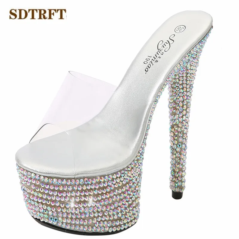 SDTRFT lato 20cm szpilki przezroczyste klapki z PVC 13cm buty kobieta 15cm na cienkim obcasie z wystającym palcem sexy 17cm sandały diament pompy