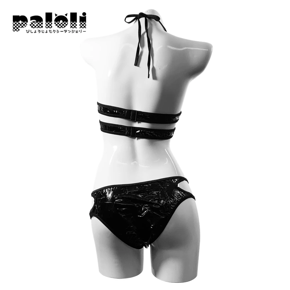 Costume Cosplay da donna Anime Succubus Bikini Costume da bagno Lingerie in pelle Halter Neck nero acciaio inossidabile cuore Design Bat Outfit