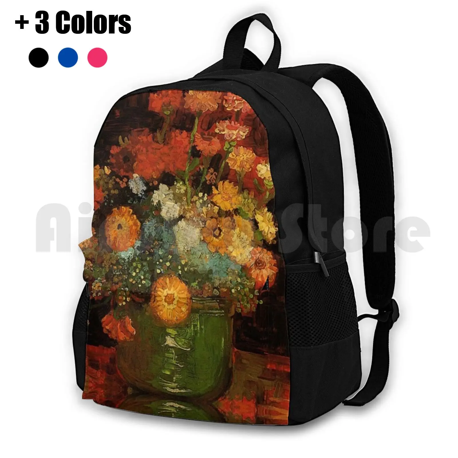 Vase With Zinnias By Van Gogh. Vintage Floral Oil Painting Fine Art. Outdoor Hiking Backpack Waterproof Camping Travel Vase