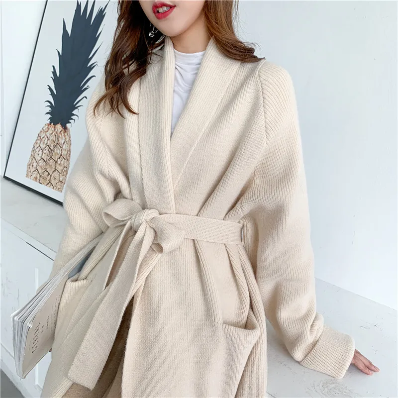 Casaco de malha de alpaca para mulheres, casaco solto e grosso, médio e longo, suéter preguiçoso do vento, fora, outono e inverno, novo