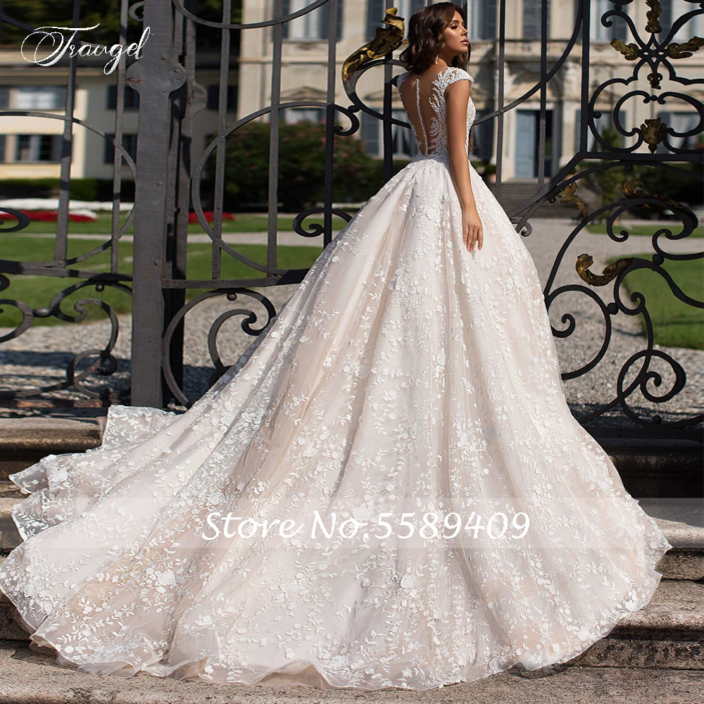 Traugel Sexy Illusion Cap Sleeve Lace Vintage Wedding Dresses Luxury Scoop Neck Appliques Court Train A Line Bridal Gowns