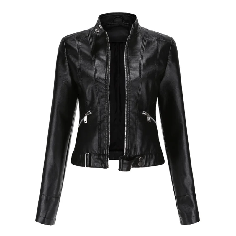 New Leather Women\'s Short Jacket Spring and Autumn Stand-up Collar Women\'s Leather Jacket Women\'s Thin Leather Jacket