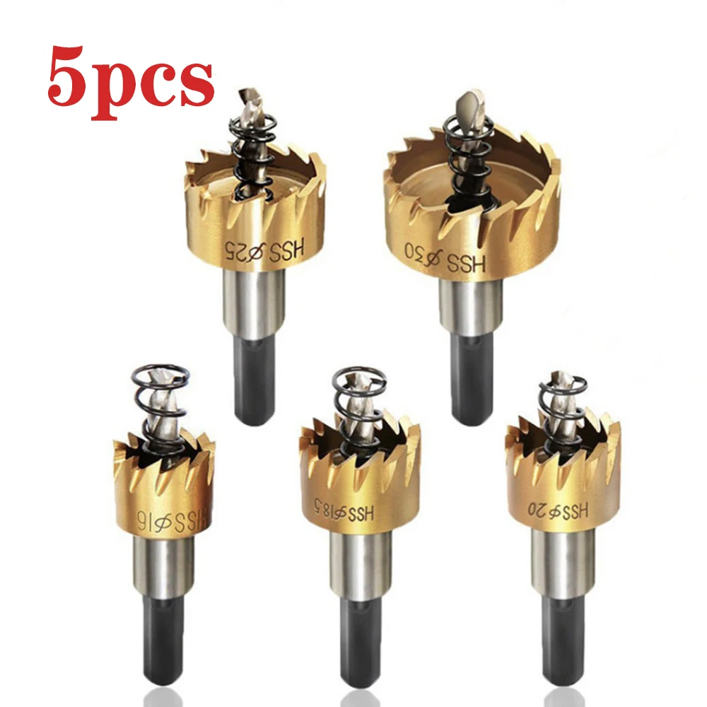 5Pcs 16-30mm Titanium Coated HSS Drill Bit Hole Saw Set Stainless Steel Metal Alloy 16 18.5 20 25 30mm