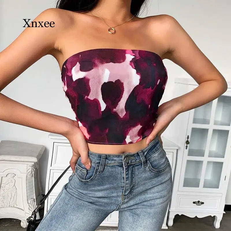 Women Sexy Casual Tube Tops Painting Bottoming Thin Elasticity One-Piece Blouse Sleeveless Summer Tube Crop Tops Clothing