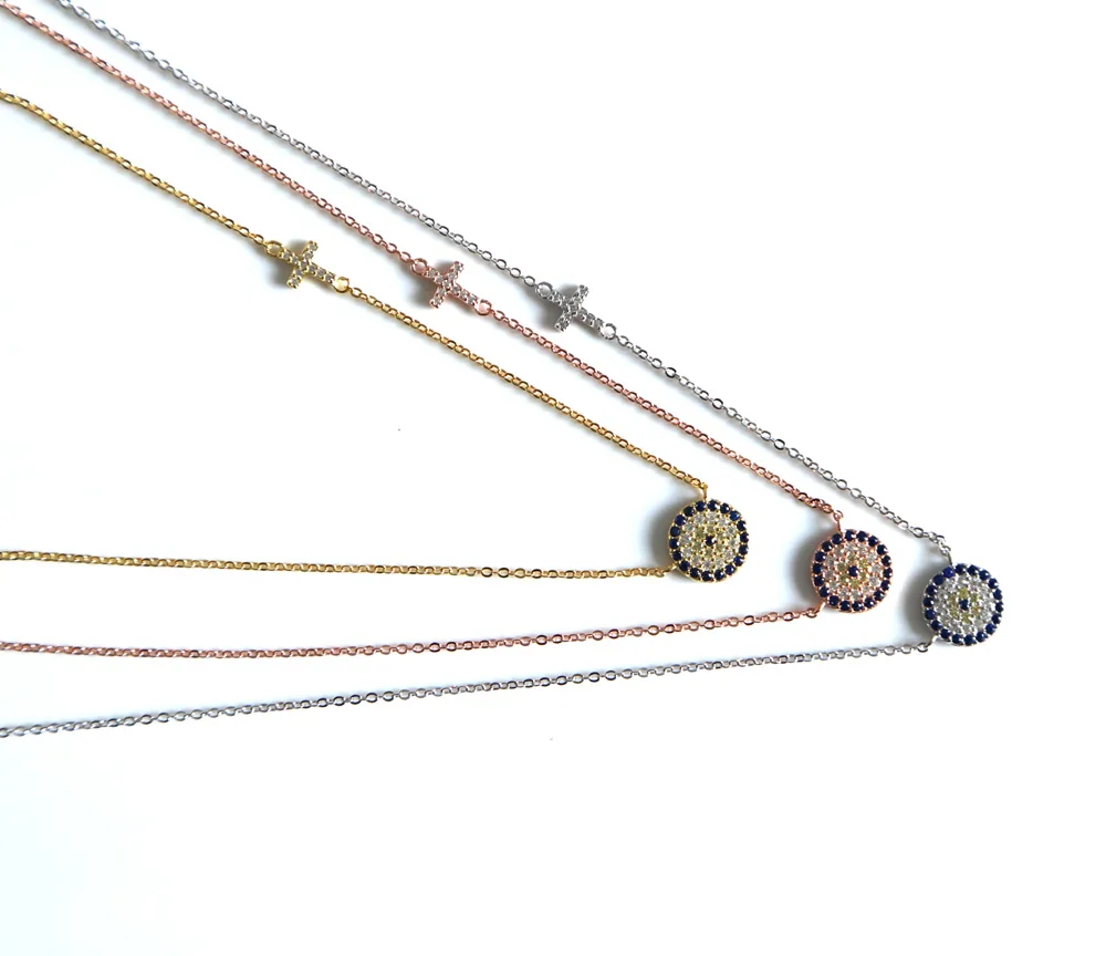 2017 high quality 3 color 100% 925 sterling silver dainty thin chain delicate evil eye cross connector silver necklace for lady