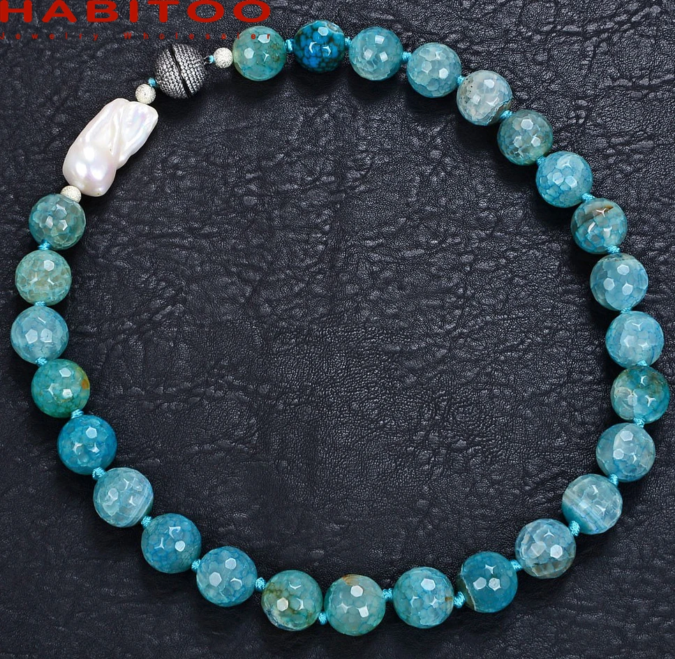 

19INCH Natural Blue Round Agate 16mm White Baroque Keshi Freshwater Pearl Necklace for Women CZ Magnetic Clasp Jewelry