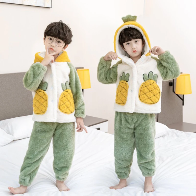 BINIDUCKLING Winter Fleece Pajamas Set Kids Boys Girls Thicken Warm Children Sleepwear Hooded Pineapple Homewear For Toddler Boy