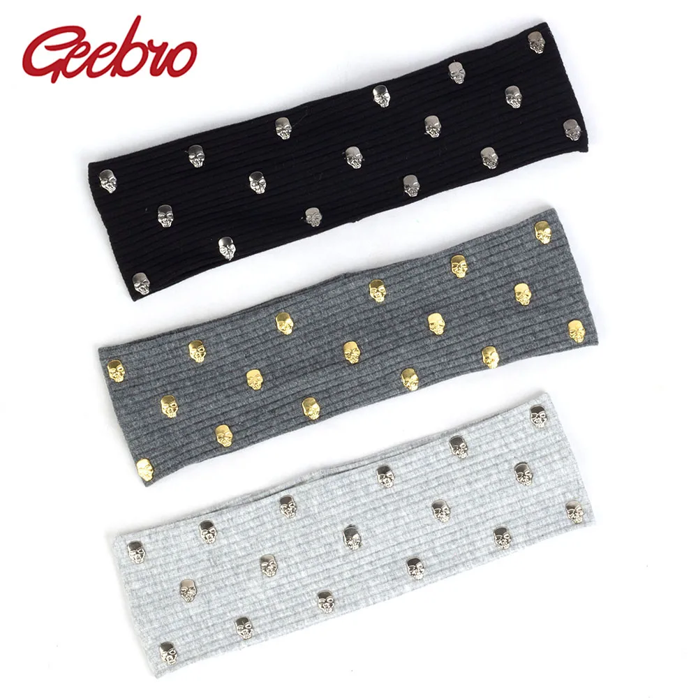 Geebro Women Flat Ribbed Elastic Headband With Gold Silver Skull Accessory Hairband Female Solid Soft Headwear Hair Accessories