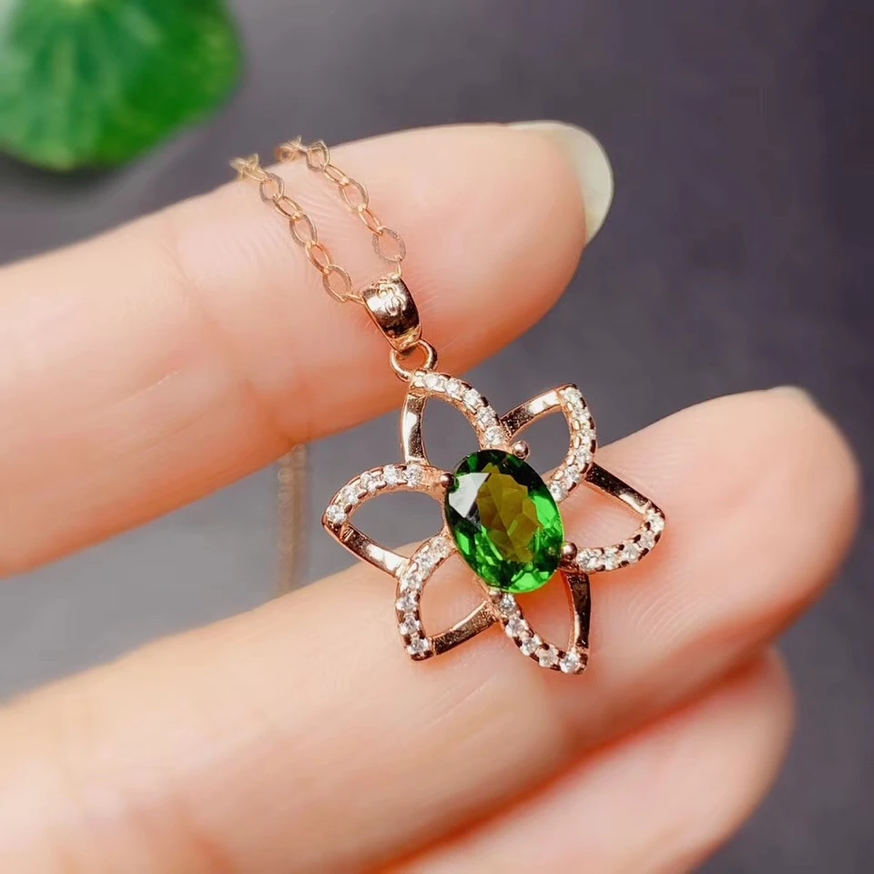 classic new clear green diopside gemstone pendant for necklace women fine jewelry green color natural gem flower 925 silver gift