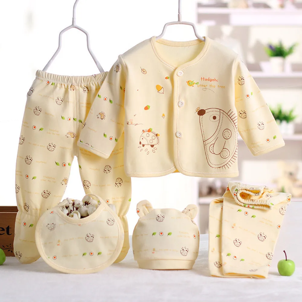 5pcs Newborn Baby Boys Girls Cute Cartoon Long Sleeve Tops+hat+pants +bib Outfits Set From 0 To 3 Months Clothes Set For Baby