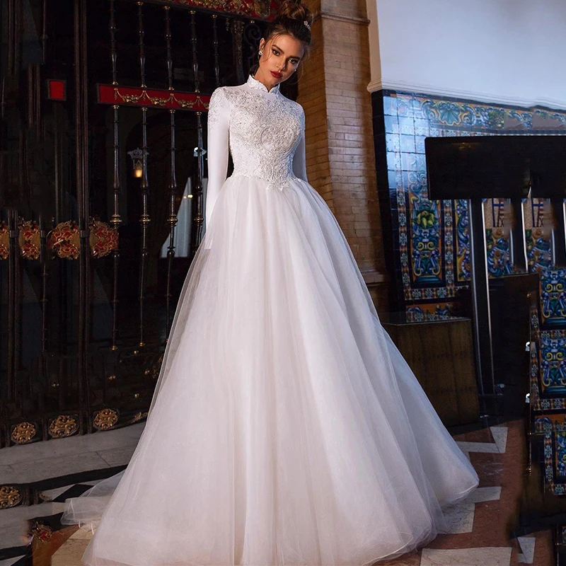 Sevintage muçulmano árabe vestido de casamento alta pescoço manga longa apliques rendas dubai vestidos de noiva tule praia vestido de noiva mais tamanho