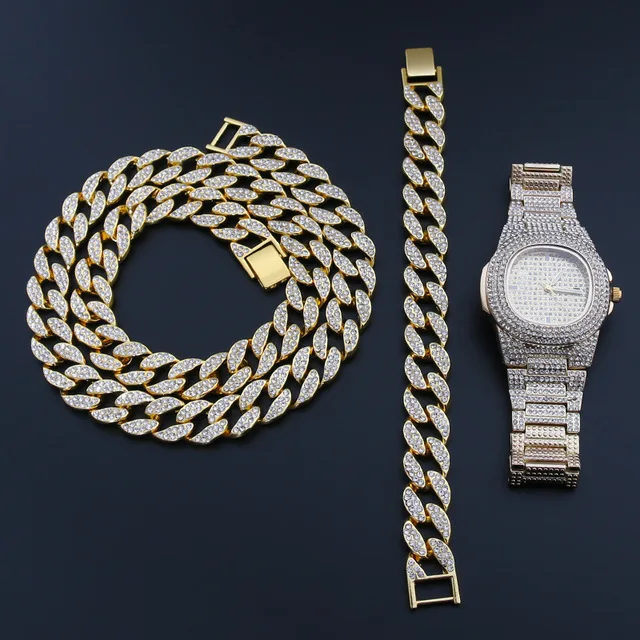 Watch Necklace Bracelet Punk HipHop Miami Curb Cuban Chain Gold Iced Out Rhinestones Rapper for Men Women Jewelry Set Wholesale