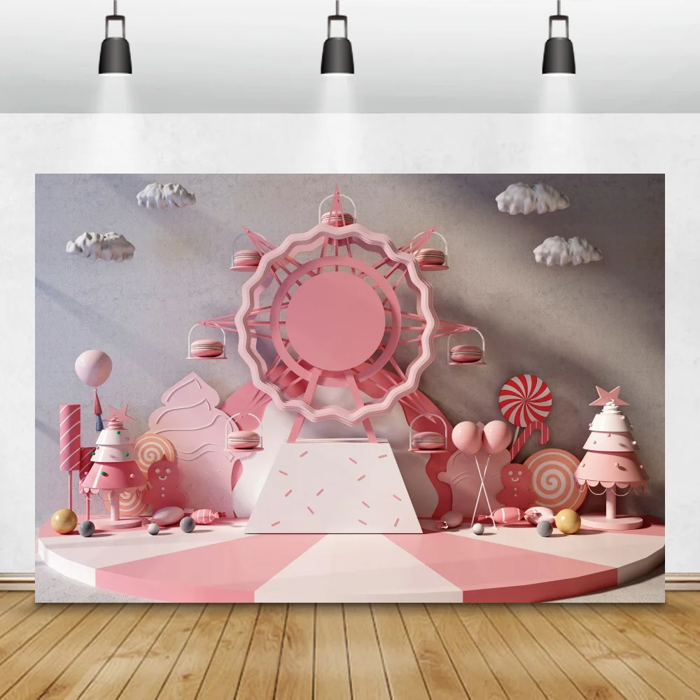 

Pink Princess Backgrounds For Photography Candy Lollipops Ferris Wheel Birthday Party Decor Portrait Photo Backdrop Photo Studio