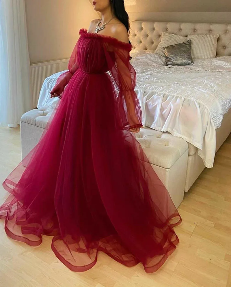 SoDigne Purple Tulle Maxi Prom Dresses Pleat Puff Sleeves A-Line Wedding Party Dresses Women Formal Evening Gowns