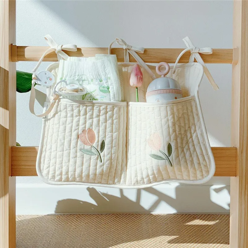 Baby Crib Organizer Storage Bags Newbron Cotton Bed Storage Diaper Bag Caddy Organizer Hanging Bags for Infant Bedding Set