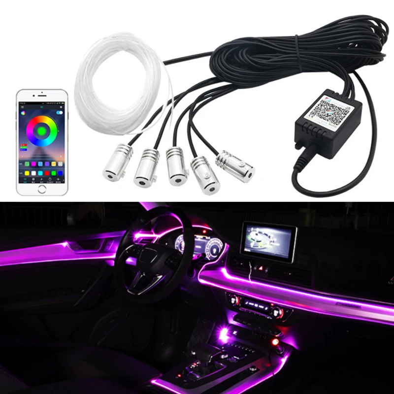 Tira de luz de fibra óptica para Interior de coche, 6 en 1 LED RGB luz ambiental, Control por aplicación, música DIY, banda de fibra óptica de 8M