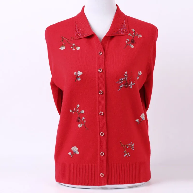 Middle-Aged Elderly Women's Cashmere Sweaters NEW 2021Spring Autumn Embroidery Cardigan Coat Ladies Knitting Sweaters Tops