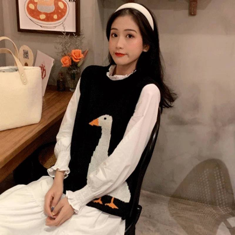 Sweater Vest Women O-Neck Kawaii Students Print Casual Daily Knitting Autumn All-match Korean Version Feminine Chandails Popular