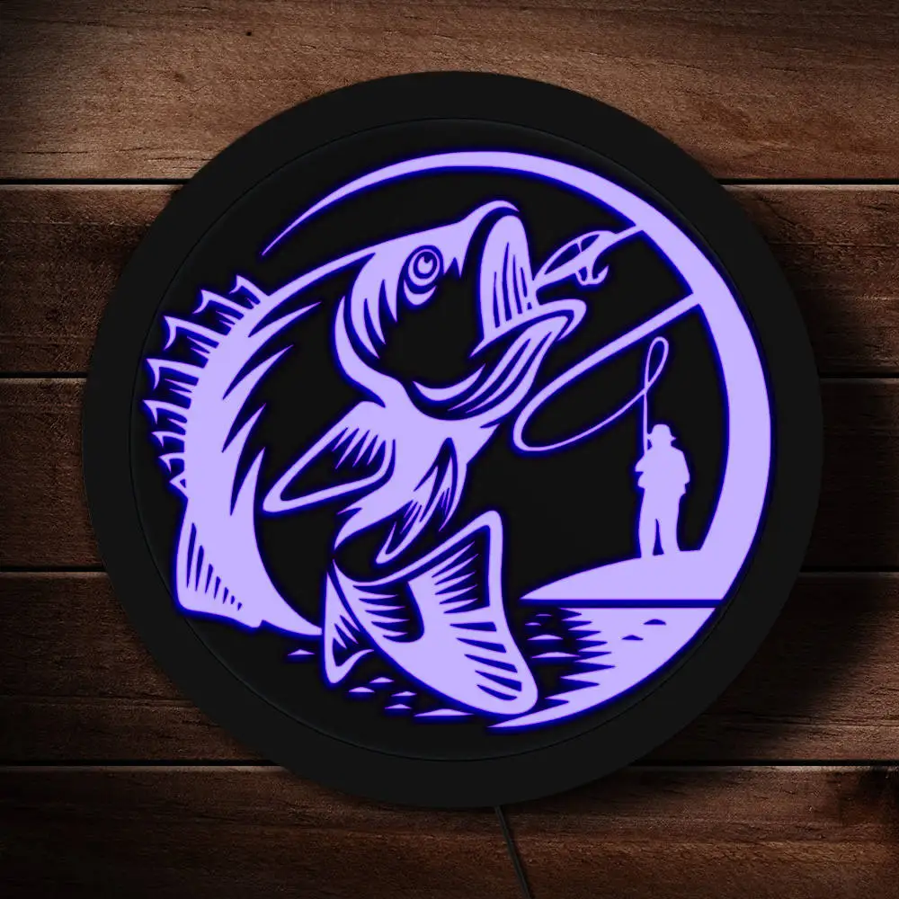 Fishing Luminous Plexi Glass Display Sign Sea Bass Angling Fish Hook LED Hanging Rounded Wall Light Fishery Fisherman Home Decor